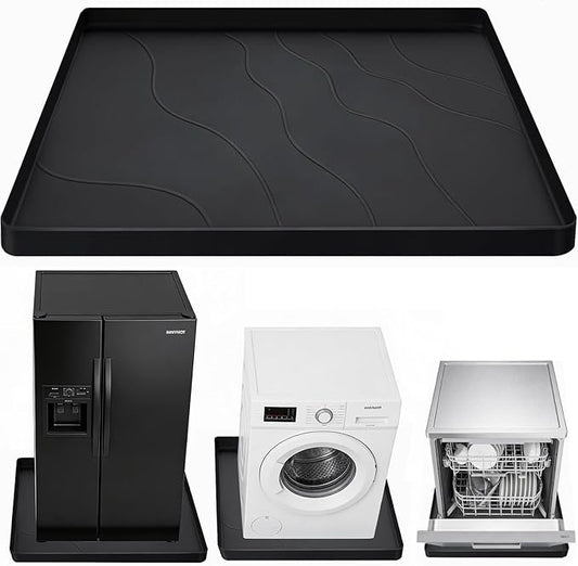 27×27×0.79inch Washing Machine Pan, With Raised Edge Washer Drip Tray, Drain Pan Silicone Mat, Foldable Portable Anti-Vibration Non-Slip Waterproof Pad, Textured Surface (Black)