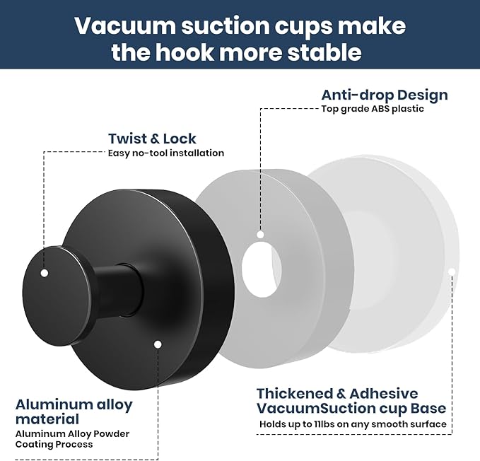 Vacuum Suction Cup Hooks for Shower 2 Pack, Heavy Duty Aluminum Alloy Towel Hooks for Bathroom Kitchen Glass Tile Wall No Drill Removable Robe Loofah Coat Suction Hooks Hanging-Space Grey