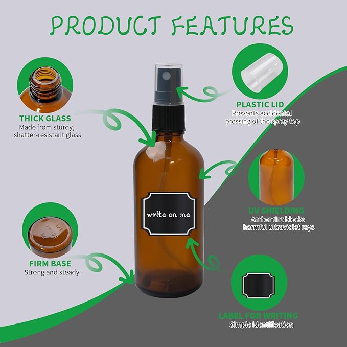 52 Pcs 4 Oz Amber Glass Spray Bottles with Funnel, Brush & Labels Set Small Spray Bottle for Travel, Oil Spray & Mist