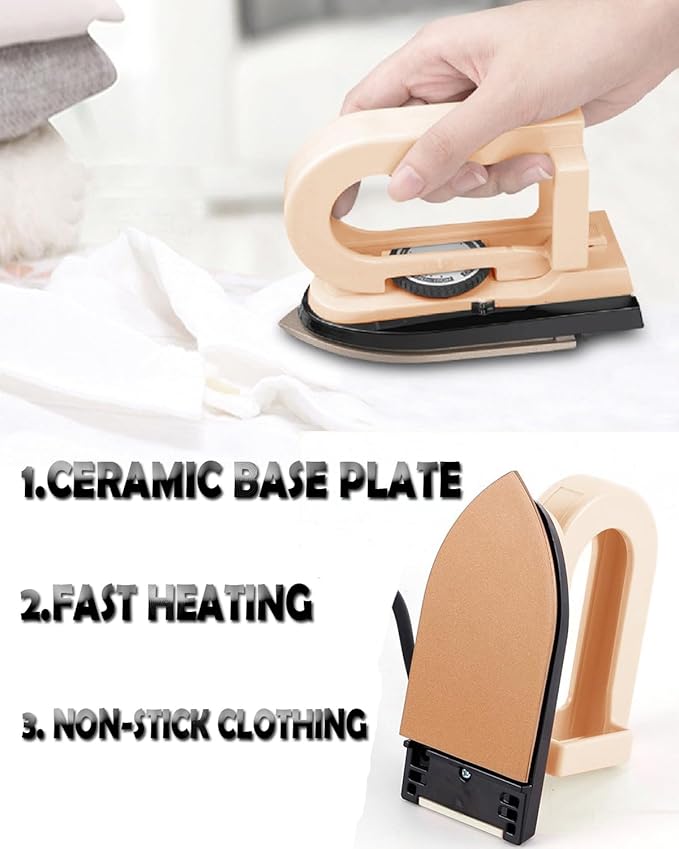 Dual Voltage Travel Iron (100-120V/220-240V) - 3-Temp Steamless Mini Dry Iron for Clothes, Non-Stick 356°F Soleplate with Foldable Handle, 0.8lb Ultra-Lightweight (Pink)