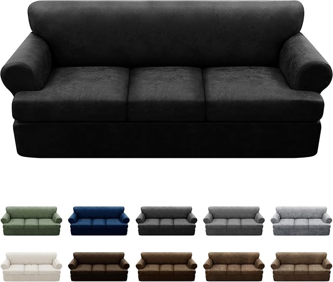 4-Pieces T Cushion Sofa Slipcovers - Leather Look Couch Cover for 3 Cushion Couch - Furniture Protector Stretch Sofa Cover With 3 Individual Seat Covers - Washable, Black