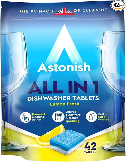 Astonish All In 1 Dishwasher Tablets - Household Cleaner Removes Grease, Grime, & Surface Stains - Dishwasher Soap with Salt & Rinse Aid, Cruelty Free Dishwasher Detergent, Lemon Fresh, 42 Pack