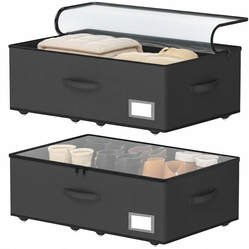Under Bed Storage with Wheels, 12 inches height，Black - Image 1