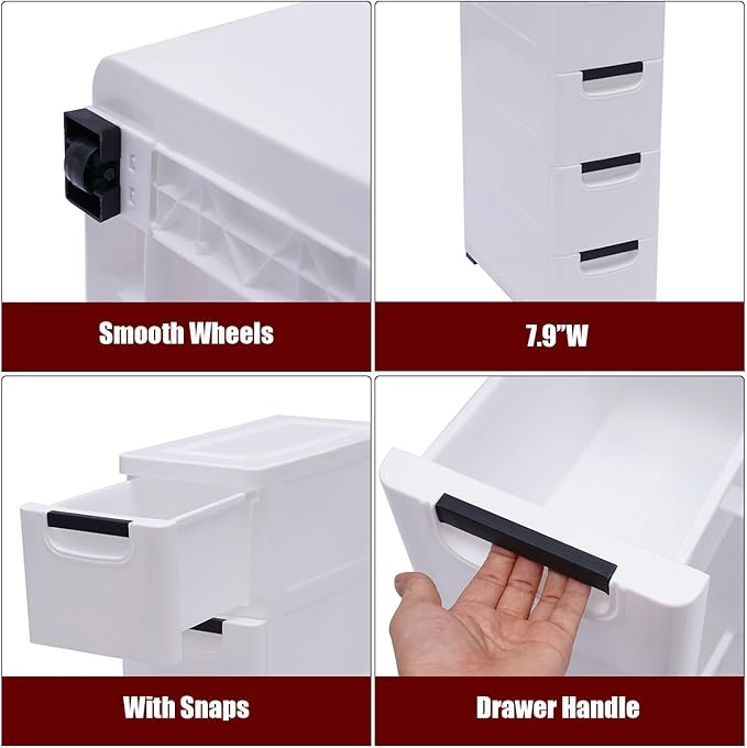6 Drawers Narrow Slim Plastic Storage Cabinet,Storage Drawer with Wheels,6 Tier Drawers Dresser,Rolling Narrow Cabinet for Small Spaces Bathroom Kitchen Bedroom Living Room,White