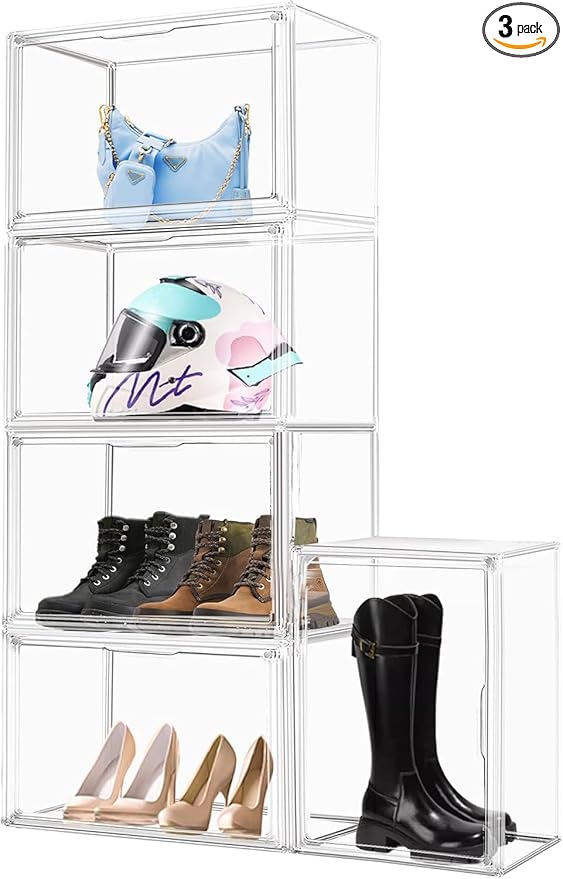 3 Pack Extra XXX-Large Purse Handbag Organizer for Closet 17.7''x13''x13'' Boots Storage Box Clear Acrylic Display Case with Magnetic Lid Dustproof Showcase for Collectibles, Handbag, Helmet, Clothes