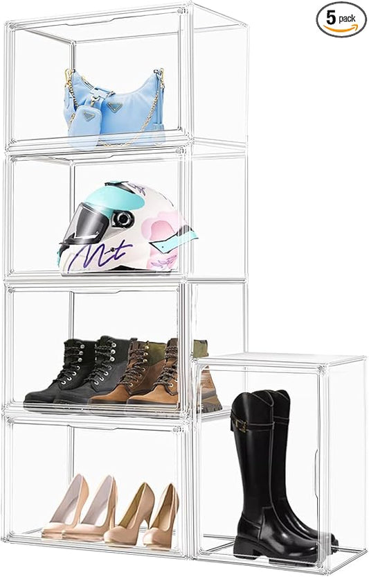 5 Pack XXX-Large Acrylic Handbag Organizer 17.7''x13''x13'' Tall Boots Storage Organizer Clear Big Display Case with Dustproof Magnetic Lid Stackable Plastic Box for Shoes, Helmet, Boots, Figures
