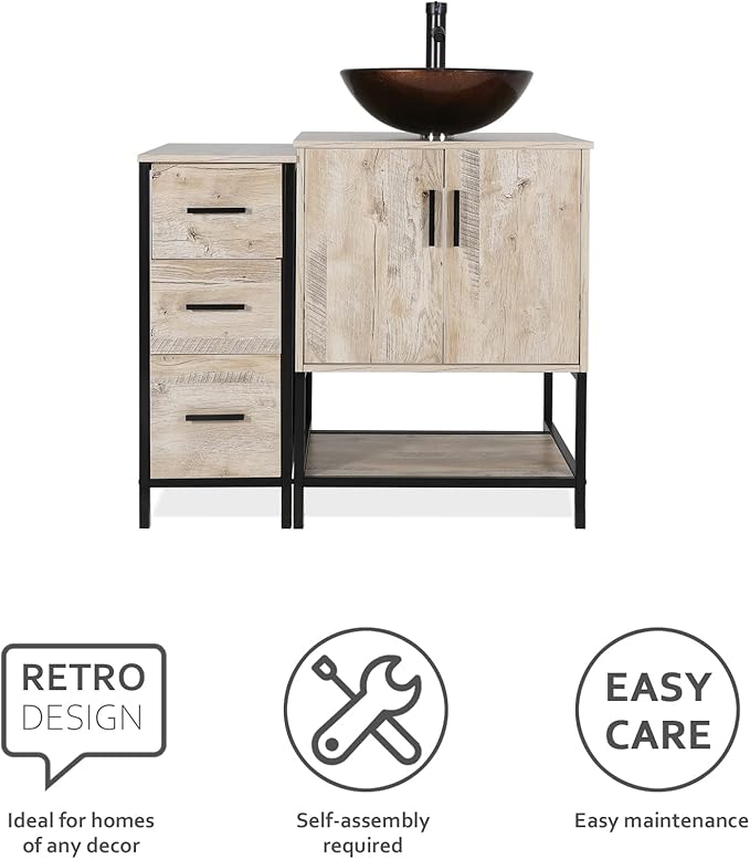 eclife 36" Bathroom Vanity Sink Combo Modern Metal Stand Cabinet W/Bottom Shelf & Storage Side Cabinet Brown Round Vessel Sink & Water Save Faucet & Pop Up Drain, Oak (A09)