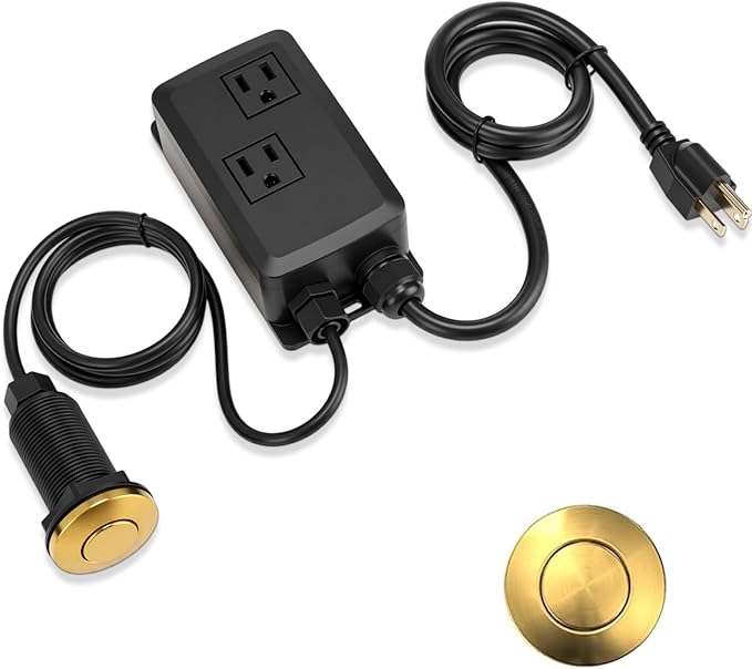 Garbage Disposal Air Switch Kit Wireless Sink Top Garbage Disposal Button Stainless Steel/On/Off Waterproof Button Kit with Long Switch Matte UL Listed(Dual Outlet,Gold,Long Size)