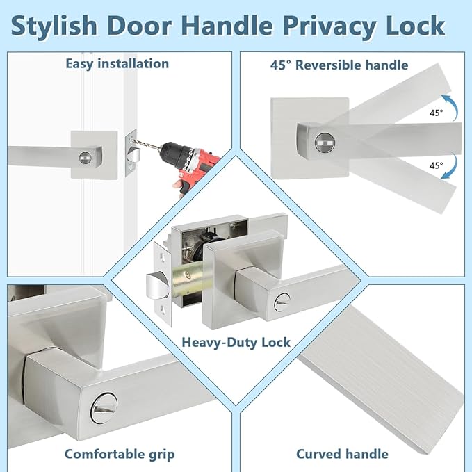 KAMOTA Privacy Door Levers, 2 Pack Satin Nickel Door Handles Bed and Bath Door Locks Interior Keyless Locksets, Left and Right Hand Reversible