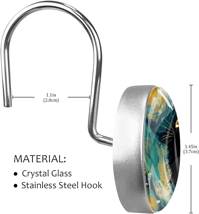 12 Packs Abstract Starry Sky Cat Pattern Shower Curtain Hooks, Stainless Steel Glass Shower Curtain Rings for Bathroom Decor, Metal Rustproof Curtain Rod Hooks