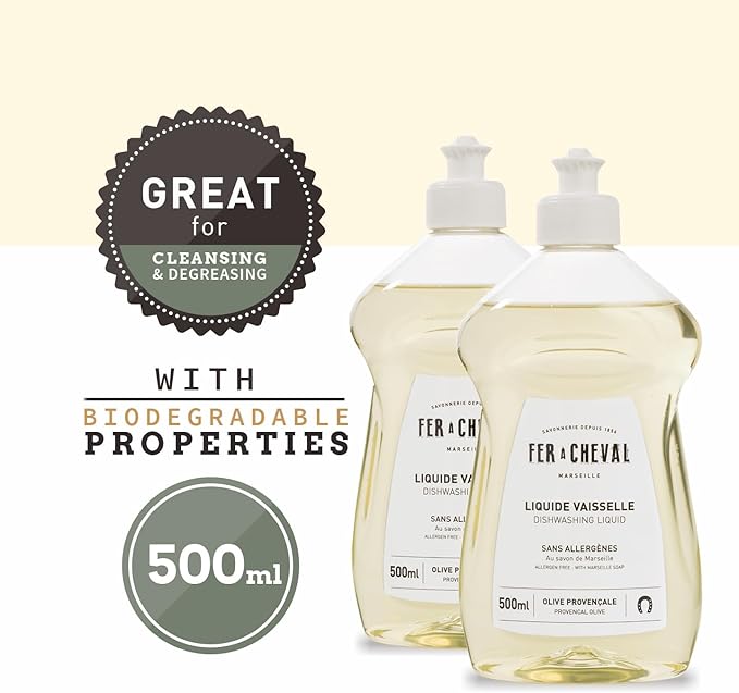 Fer à Cheval Marseille Dishwashing Soap, Olive Oil Based, Made in France - Liquid Dishwashing Bottle, 2 Pack, 500 ml/16.9 fl oz