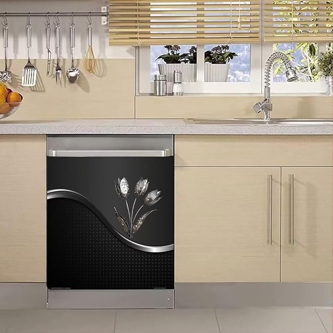 Stainless Steel Flowers Dishwasher Magnet Cover Decor, Metal Floral Dishwashing Sticker Magnetic, Kitchen Fridge Door Magnet Cover Black (23" x 26" Magnetic)