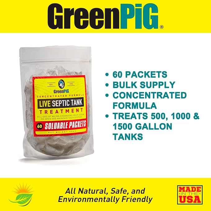 Green Pig Septic Tank Treatment Packets – Septic-Safe Enzyme Treatment for Preventative Maintenance, Helps Prevent Clogs & Odors, Shareable Supply (60 Packets)