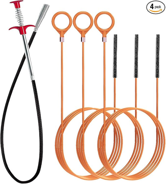 Hair Catcher Drain Auger Cleaner Tool Set - 3 × 53 Inch Sink Snake + 1 × 35 Inch Drain Clog Remover, Set For Toilet, Kitchen Sink, Bathroom Tub, Sewer，4 Pack