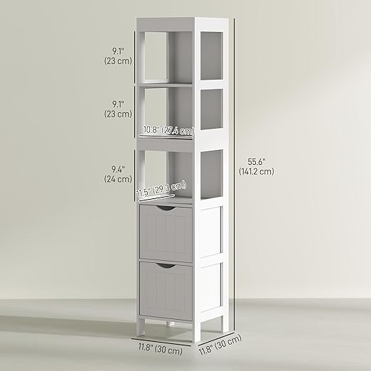 HOMCOM Narrow Bathroom Storage Cabinet, Bathroom Floor Cabinet with 2 Drawers & 3 Open Shelves, Freestanding Slim Storage Organizer for Small Spaces, White