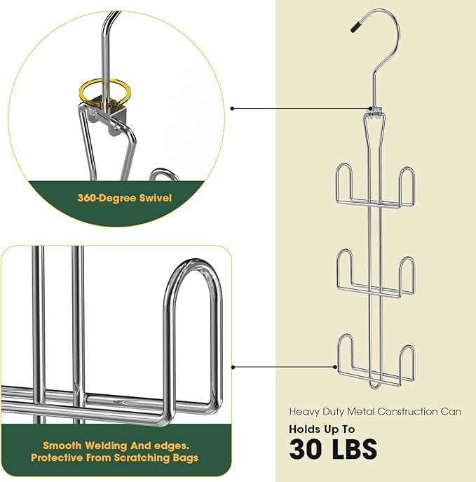 Purse Hanger 2 Pack,Purse Organizer for Closet,Rotatable Metal Bag Organizer,Purse Holder for Handbags,Belts,Scarves,Tote,Baseball Hats,Backpacks(Silver)
