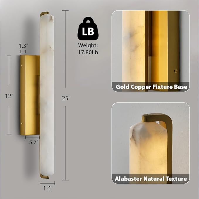 Alabaster Wall Sconces, 25" Brass Alabaster Sconce, Spanish Natural Marble Wall Sconce Lamp Indoor, Rectangle Modern Sconces Lighting for Bathroom Living Room Bedroom Stairs Hallway