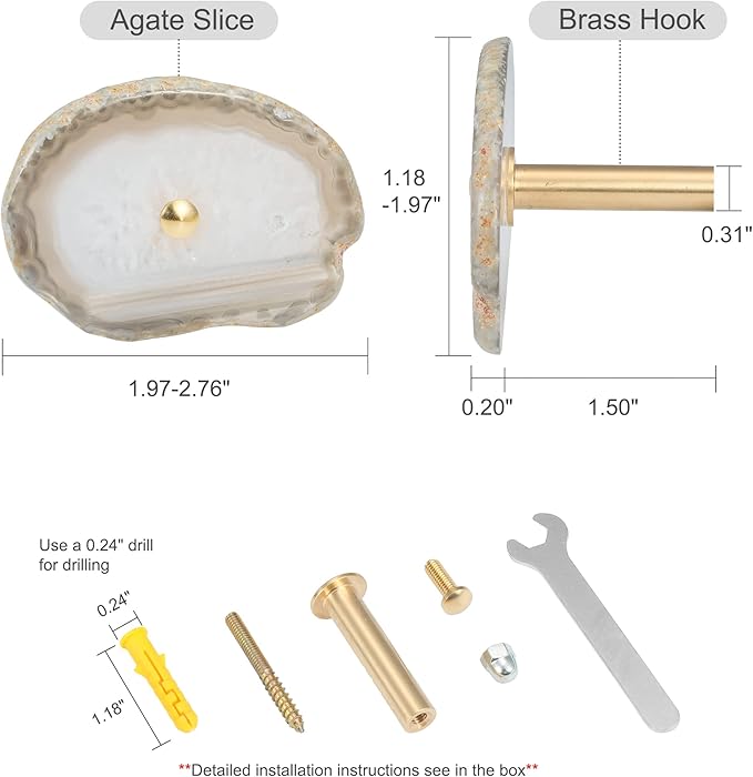 4 Pcs Unique Agate Wall Hooks for Hanging, Coat Hooks Wall Mounted Brass Single Hook for Hanging, Hat Bag Hooks for Wall Decorative Curtain Tieback Hooks