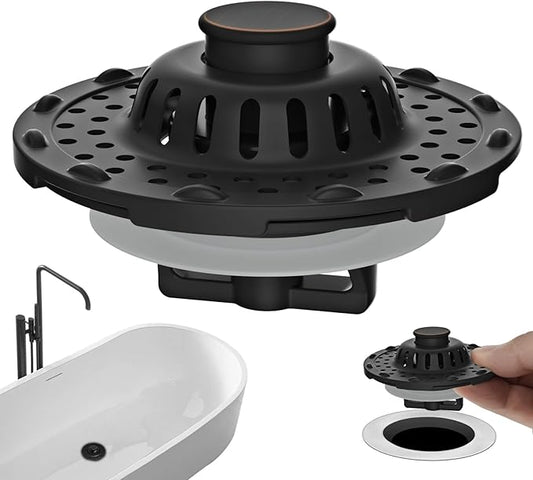 Universal Bathtub Drain Stopper Shower Drain Hair Catcher, Tub Stopper with Visible Top Strainer, Upgraded 3 in 1 Pop-up Drain Plug Fit for 1.5 to 2.4" Hole, Stainless Filter Basket, Oil-Rubbed Bronze