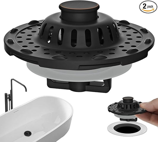 Metal 2 Pack Bathtub Drain Stopper with Top Hair Catcher, 3 in 1 Pop-up Bathtub Strainer, Tub Stopper with Detachable Stainless Steel Filter Basket for Standard 1.5 to 2.4'' Drain, Oil-Rubbed Bronze