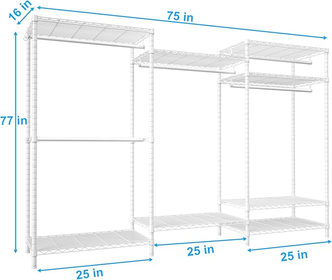 Ulif E13 Pro Heavy Duty Clothes Rack（With 4 Hanger Rods & 8 Shelves） Freestanding Clothing Racks for Hanging Clothes，Adjustable Closet，Metal Garment Rack 75" W x16 D x77 H，Max Load 1000LBS，White