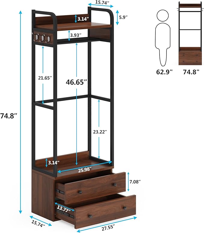 Tribesigns Freestanding Closet Organizer Small Clothes Rack Coat Rack with Drawers and Shelves, Heavy Duty Small Garment Rack Industrial Hall Tree for Hallway, Entryway, Bedroom