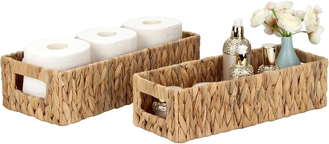 Wicker Storage Basket Nesting Small Wicker Basket, Water Hyacinth Toilet Paper Baskets for Storage, Bathroom Organizer Toilet Paper Holders for Organizing Pantry Bathroom Toilet Tank, 2 Pack