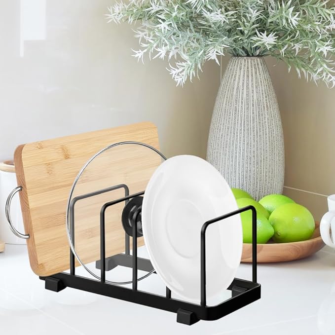 2 Pack Metal Dish Plate Storage Rack Kitchen Storage Cabinet Organizer Pot Lid Holder Multifunctional Dying Display Rack for Pad Pans Pots, Bakeware, Trays, Cutting Boards (Black)