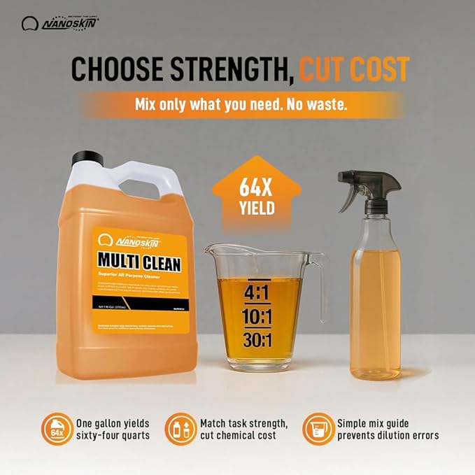 Nanoskin MULTI CLEAN All Purpose Concentrated Cleaner 1 Gallon – Removes Dirt, Grease & Stains on Counters, Carpet, Floors, Fabric, Equipment & Vehicles | Use with Sprayers, Scrubbers, Washers & More