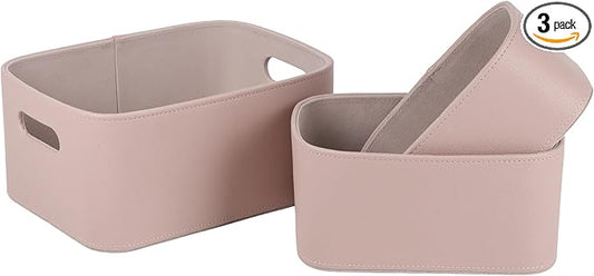 HofferRuffer Faux Leather Storage Baskets Bins with Velvet Lining for Organizing, Storage, Gifts, Set of 3 Nesting Shelf Baskets Decorative Storage Boxes for Home Organization (Pink)