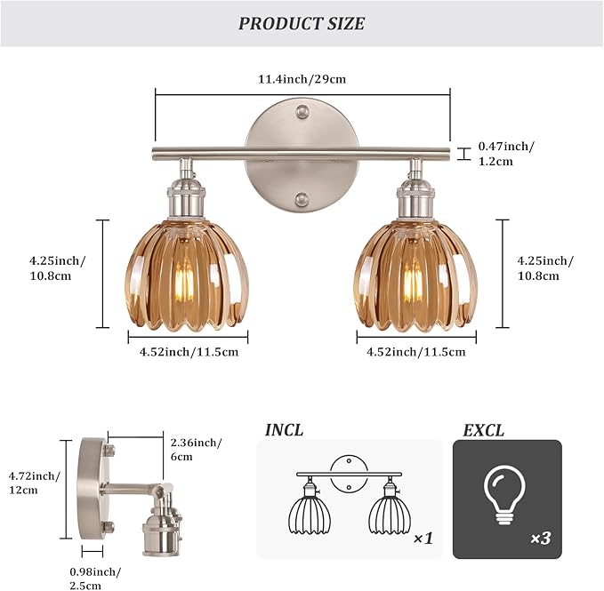 Bathroom Light Fixtures, 2-Light Vanity Wall Light Over Mirror with Amber Tulip Glass Shade for Bedroom Living Room (Bulb Not Included), Satin Nickel