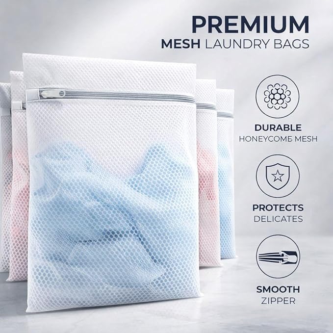 4-Pack Laundry Bags, 40cm Mesh Wash Bags for Delicates & Clothes, Zippered Laundry Organizer Bags for Washing Machine, Soft, Durable & Reusable (White)