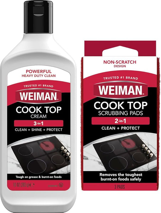 Weiman Ceramic and Glass Cooktop Cleaner - Heavy Duty Cleaner and Polish (10 Ounce Bottle and 3 Scrubbing Pads)