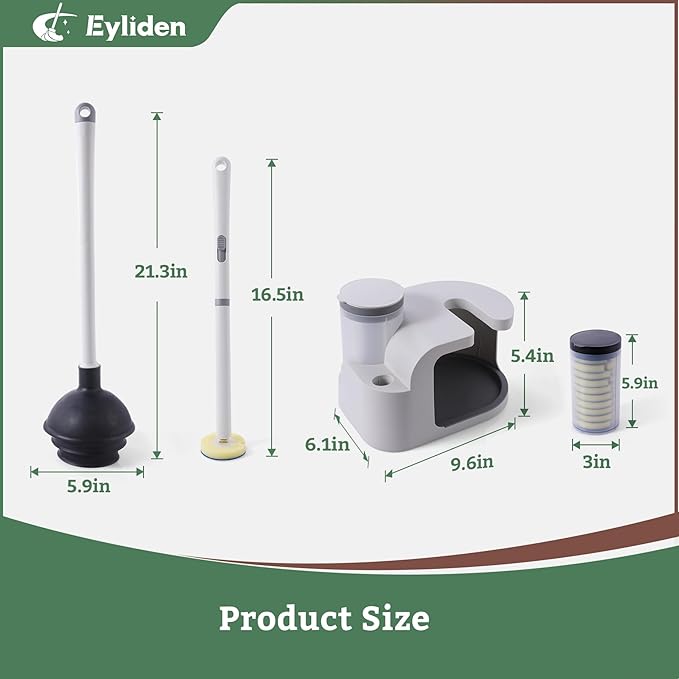 Eyliden Disposable Toilet Brush and Plunger Combo | 2-in-1 Toilet Bowl Wand Kit - 10 Count Pre-Soaked Refill Heads, 3-Step Plunger, Storage Holder - Compact Toilet Cleaning System (White)