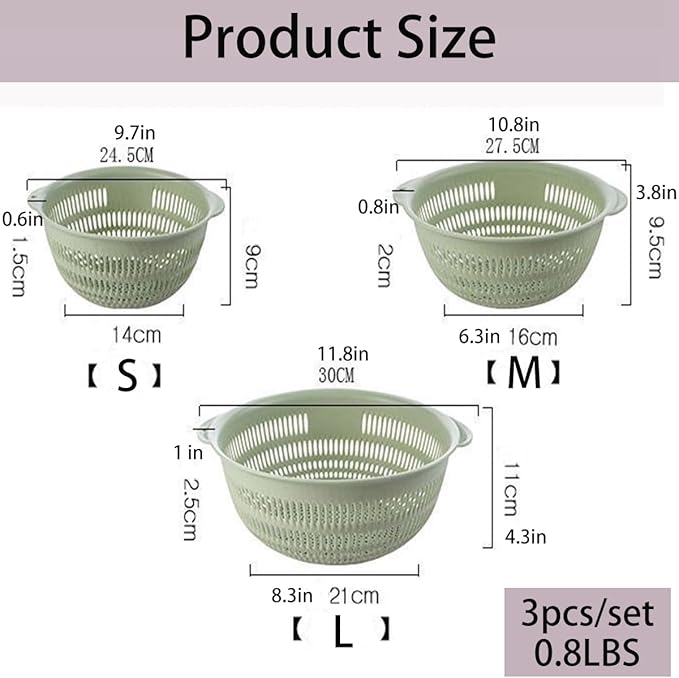 3 Pack Plastic Colander Baskets Mesh Sieve for Rinsing Draining and Air Drying Vegetables Fruits Berries Salad, Diameter 11-inch（Powder)
