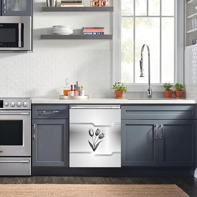 Silver Stainless Steel Effect Dishwasher Magnetic Cover Personalized Metal Flowers Universal Panel Decal for Refrigerator Magnet 23 x 26 Inch Home Kitchen Fridge Magnets