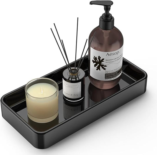 Gurygo 8" Ceramic Kitchen Soap Tray - Small Rectangular Vanity Tray for Bathroom - Countertop and Vanity Tray - Comestic Holder Bathtub Organizer - Bathroom Tray, (Black, Set/1)