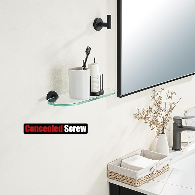 JQK Bathroom Glass Shelf Black, Tempered Glass Shower Storage 12 by 5 inches, 304 Stainless Steel Matte Black Wall Mount, TGS121L12-PB