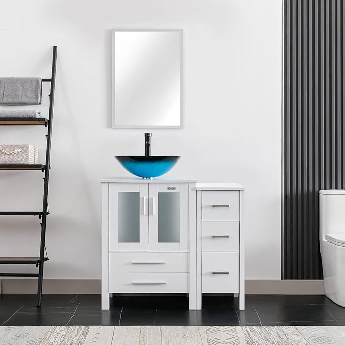 eclife 36" Modern Bathroom Vanity Sink Combo Freestanding Cabinet with Small Side Cabinet, Turquoise Square Glass Vessel Sink, Water Save Faucet, Drain (White+A10)
