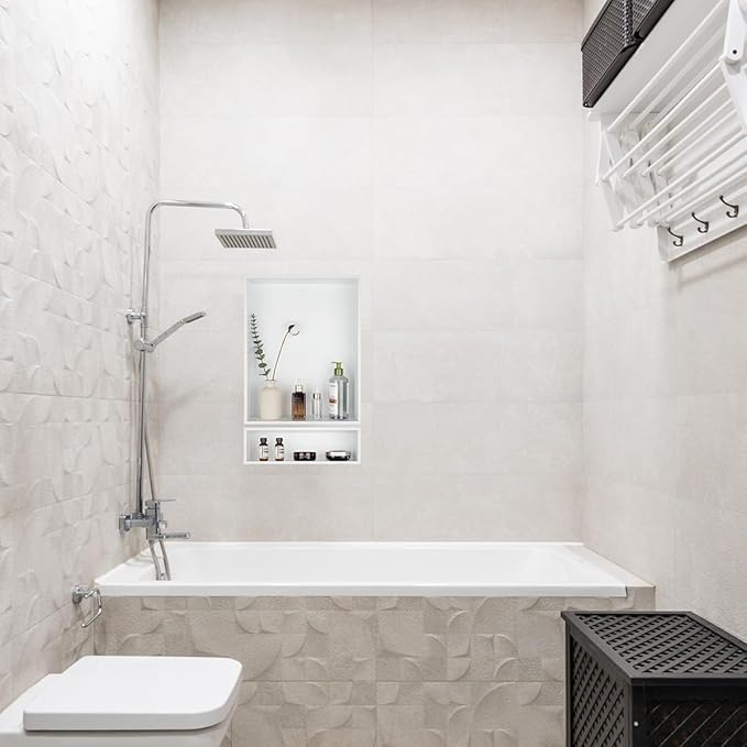 JQK Shower Niche No Tile Need, 18"×14" Matte White Bathroom Insert Shelf, 304 Stainless Steel Recessed Shower Caddy Organizer Storage, SNL1814-WH