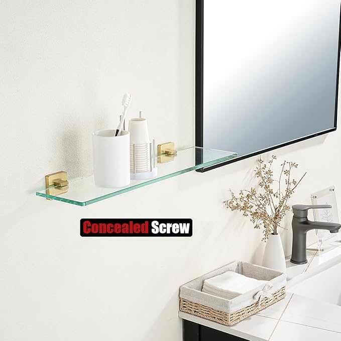 JQK Bathroom Glass Shelf, Floating Tempered Glass Shower Storage 24 by 5 inches, 304 Stainless Steel Brushed Gold Wall Mount, TGS201L24-BG