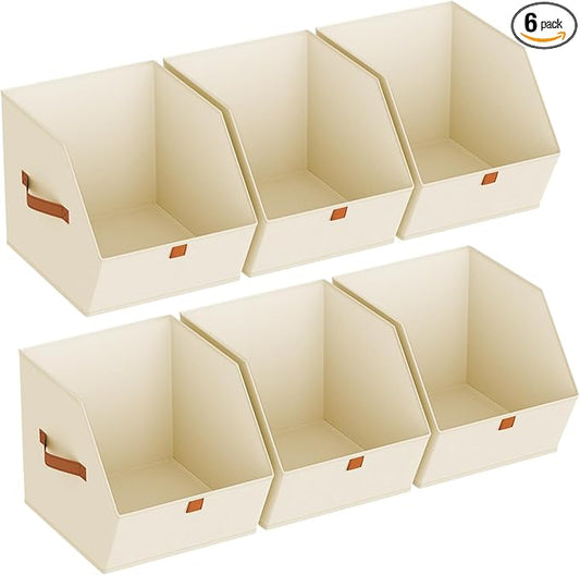 Fabric Closet Storage Cubes - 6 Pack Square Storage Bins with Dual Handles for Clothes, Towels, Toys, Cube Storage Organizers for Bedroom, Nursery, Shelves, Closet, Small Spaces, Beige