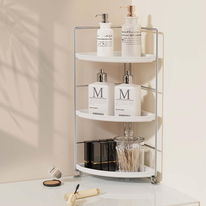 3-Tier Bathroom Counter Organizer, Plastic Bathroom Organizer, Tool-Less Installation Makeup Vanity Tray, Bathroom Organizer Countertop Skincare Perfume Organizers (Chrome)