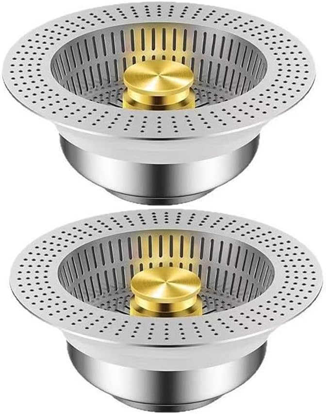 Upgraded Anti-Clogging Kitchen Sink Filter: 3-in-1 Stainless Steel Stopper for Quick Drainage and Odor Prevention（2pack） (Golden)