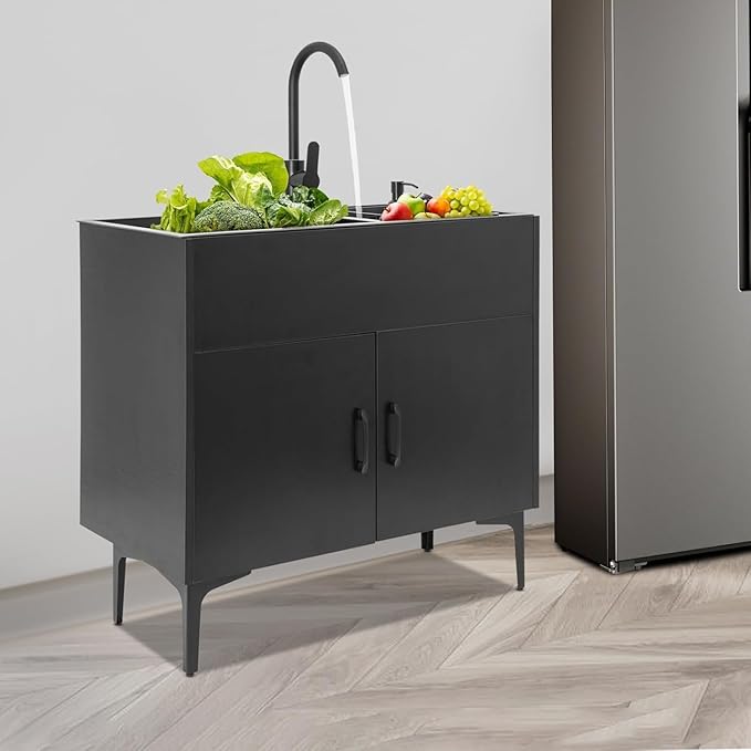 32-Inch Utility Sink Cabinet with 360° Swivel Hot/Cold Faucet, Laundry Sink with Cabinets and Stainless Steel Double Sinks, Freestanding Cabinet with Sink for Laundry&Utility Room, Kitchen, Bathroom