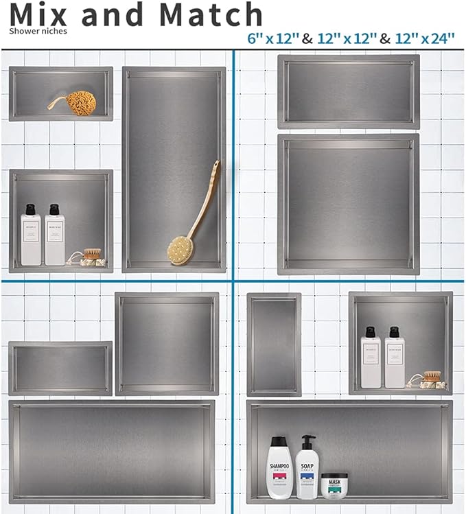 12"×6" Shower Niche Brushed Stainless Steel, Recessed Shower Caddy, Bathroom Shelf Insert Fits for 11"x5.1" Wall Hole Installation (Nickel)