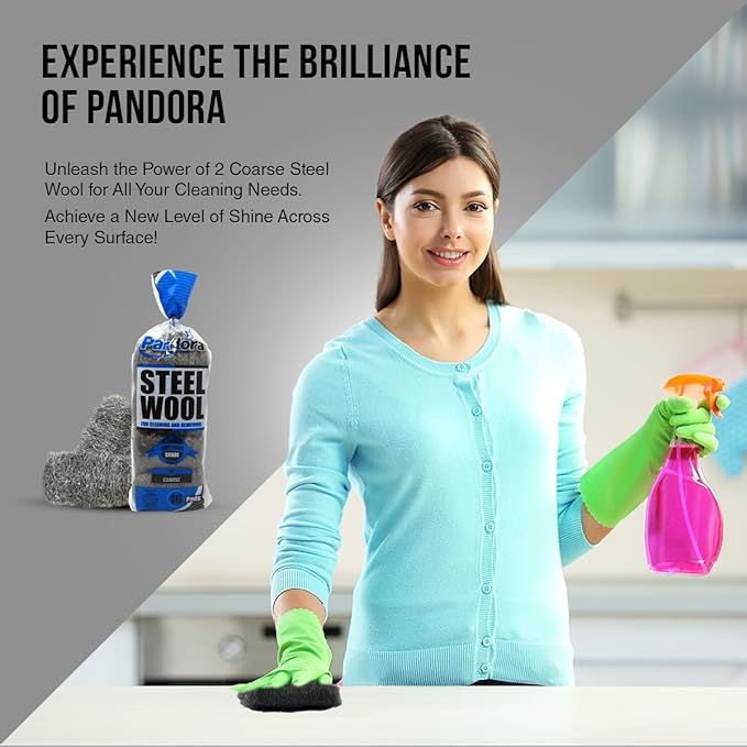 Pandora Steel Wool #2 – Coarse Grade, 16 Pads for Cleaning and Removing - Quality Metal Strands - Ideal to Remove Floor Scuff Marks and Old Wax