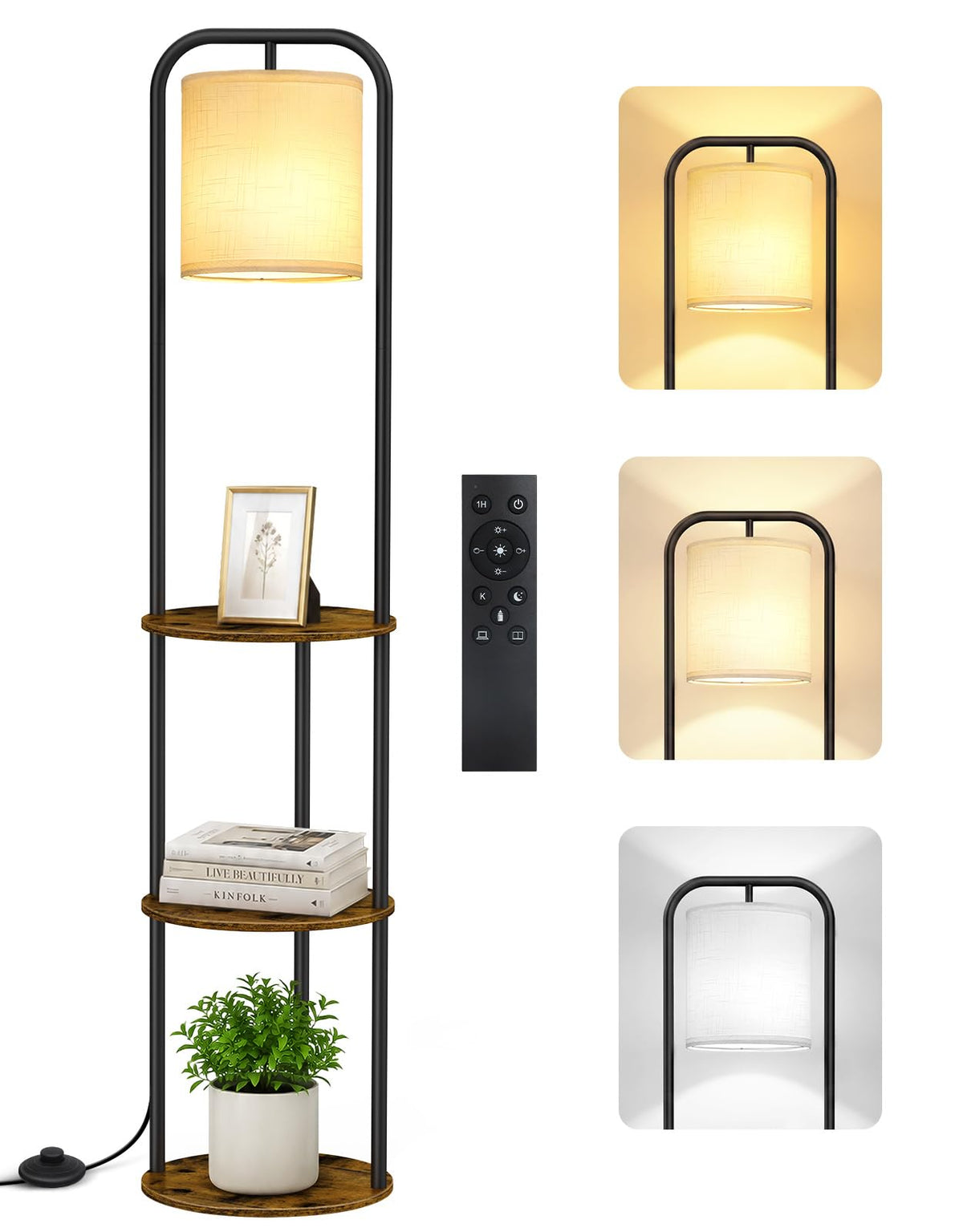 Floor Lamp with Shelves & Remote, Dimmable Standing Lamp - Image 1