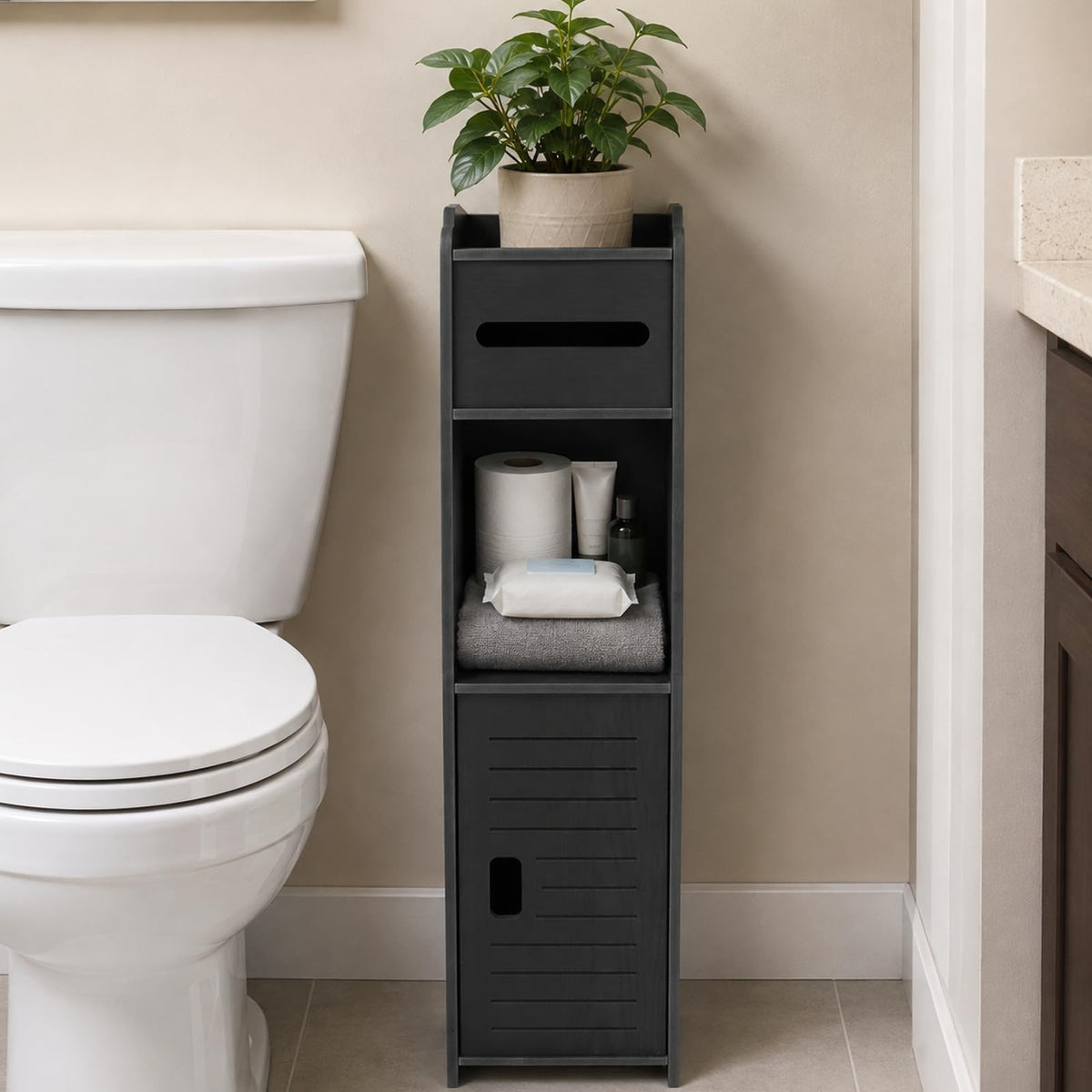 Toilet Paper Holder Stand, Slim Bathroom Storage Cabinet - Image 1