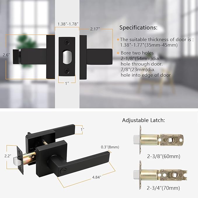 Probrico Matte Black Square Privacy Door Levers Bed Bath Door Handles, Heavy Duty Interior Keyless Door Locks for Left or Right Sided Doors, 4 Pack, Modern Design